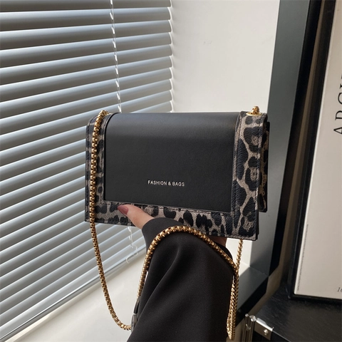 Women Leopard Print Patchwork Small Square Bag PU Leather Fashion Vintage Shoulder Crossbody Bag With Gold Chain Strap