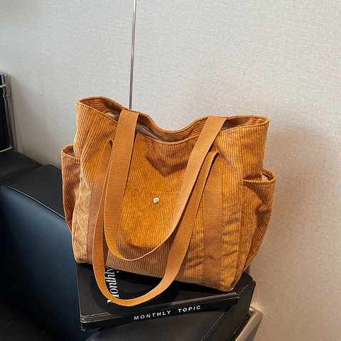 Bolso Tote de Pana para Mujer Moda Gran Capacidad Bolso de Hombro Casual Minimalista Urbano Color Sólido Bolso Diario