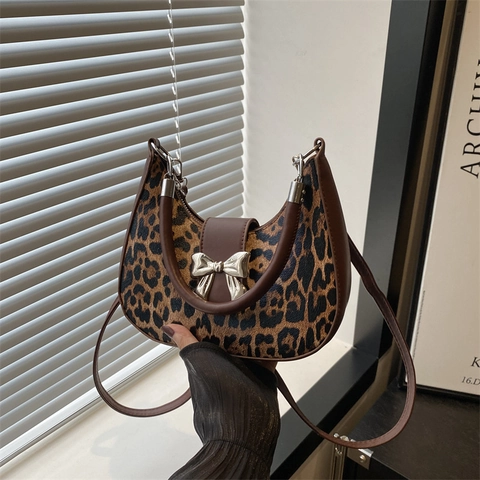 Leopardenmuster Crescent Hobo Bag PU Leder Mit Metallschleife Unterachsel Schultertasche Für Damen Vintage