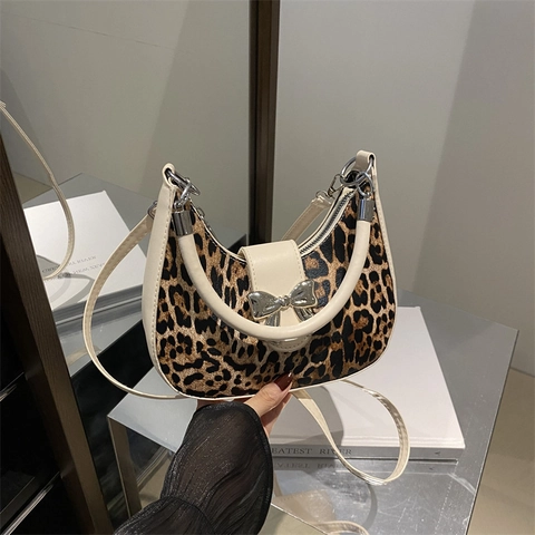 Vintage Damen-Unterarmtasche mit Leopardenmuster Modische PU-Leder Crescent Hobo-Tasche mit Metallschleife Handtasche Umhängetasche
