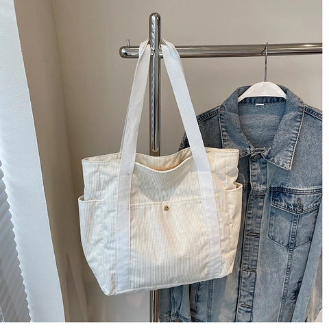 Bolso Tote de Pana de Gran Capacidad para Mujer Bolso de Hombro Retro Casual Con Múltiples Bolsillos para Conmutar Escuela
