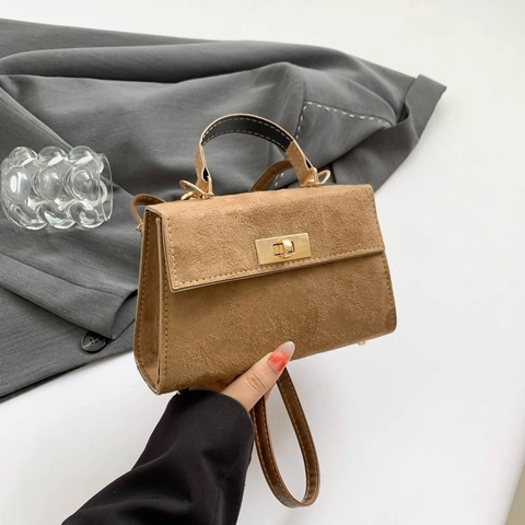 Piccola Borsa A Mano Quadrata Retro Texture Scamosciata Smerigliata Per Donna Con Manico Superiore Chiusura Dorata Tracolla