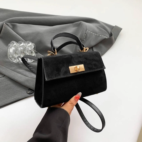 Piccola Borsa A Mano Quadrata Retro Texture Scamosciata Smerigliata Per Donna Con Manico Superiore Chiusura Dorata Tracolla