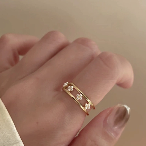 Künstliche Perlenblume Offener Ring Zweischichtig Legierung Vergoldet Verstellbar Französisch Retro Elegant Schmuck Für Damen