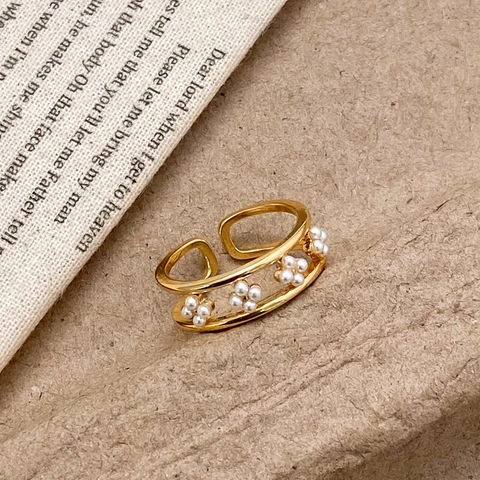 Künstliche Perlenblume Offener Ring Zweischichtig Legierung Vergoldet Verstellbar Französisch Retro Elegant Schmuck Für Damen