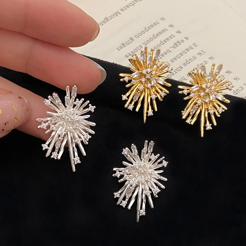 Firework Starburst Stud Earrings With Cubic Zirconia And 925 Sterling Silver Earring Post For Women Shiny Elegant Jewelry