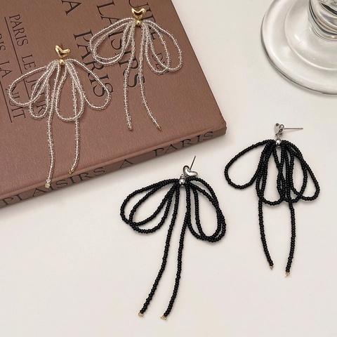 Bow Heart Beaded Tassel Earrings With 925 Sterling Silver Earring Post Handmade Glass Beads Gold Plated Jewelry Exquisite