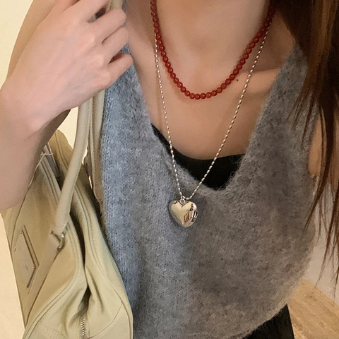 Collier Long en Métal Grand Cœur Exagéré Niche Coréenne Femmes Mode Simple Polyvalent Chaîne de Clavicule Bijoux