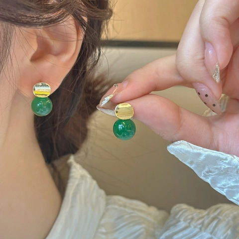 Green Chalcedony Stud Earrings With 925 Sterling Silver Earring Post Vintage Round Metal Ball Drop For Women Jewelry