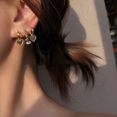Hart Hanger Hoop Oorbellen Verguld Messing Emaille Kers Zirconia Druppeloorbellen Dames Vintage Elegant