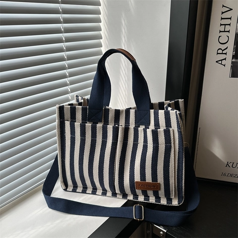 Fashion Striped Canvas Tote Bag For Women Large Handbag With Adjustable Shoulder Strap Daily Commuting Casual Square Bag
