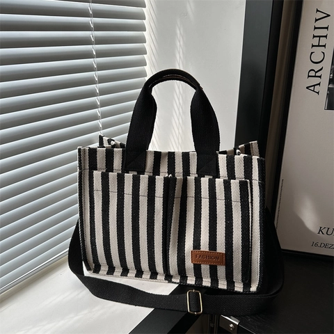 Borsa Tote In Tela A Righe Verticali Grande Capacità Moda Donna Borsa A Spalla Casual Versatile Borsa A Tracolla