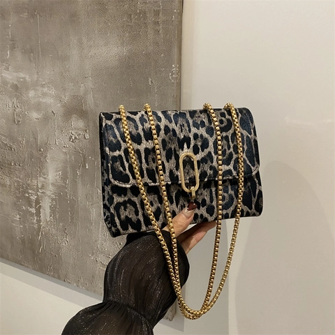 Borsa Quadrata Piccola con Catena e Stampa Leopardata Vintage in Pelle PU Borsa a Tracolla di Moda per Donna Handbag Quotidiana