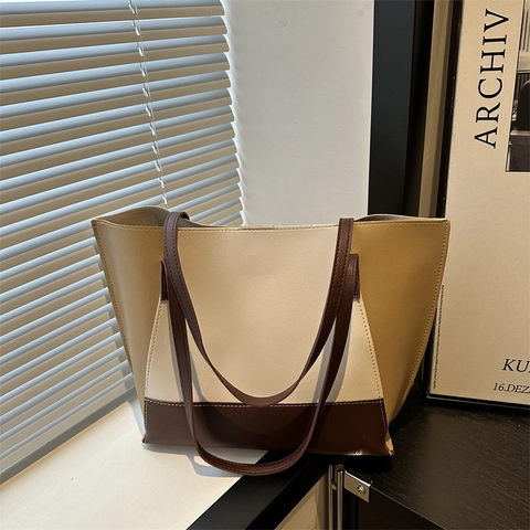 Bolso Tote de Mujer Minimalista de Gran Capacidad de Cuero PU Bloque de Color Bolso de Hombro Elegante para Uso de Oficina