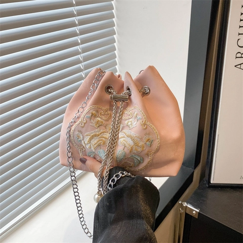 Vintage Embroidery Flower Pattern Bucket Bag With Artificial Pearl Drawstring And Silver Chain Strap Elegant Casual Crossbody For Women