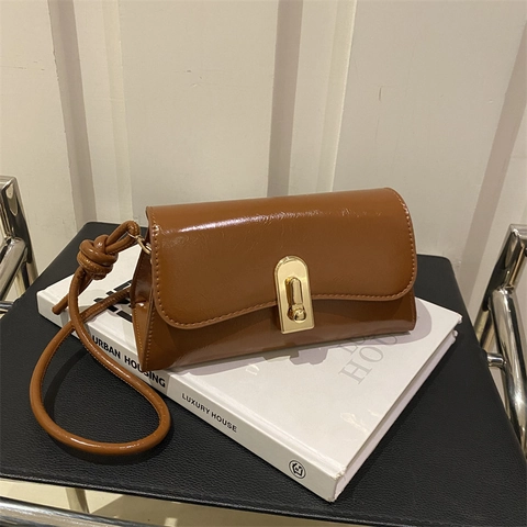 Women Retro Small Square Crossbody Bag Glossy PU Leather Shoulder Bag Knotted Strap Gold Lock Daily Versatile Handbag