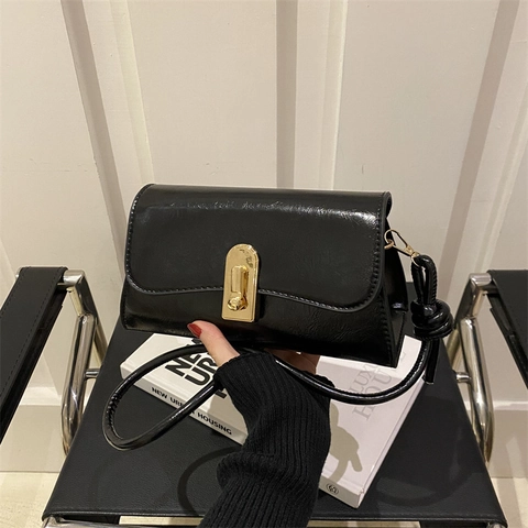 Women Retro Small Square Crossbody Bag Glossy PU Leather Shoulder Bag Knotted Strap Gold Lock Daily Versatile Handbag
