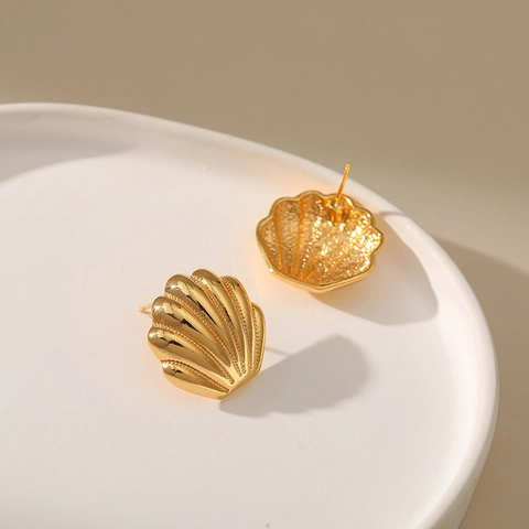 Shell Stud Earrings Copper 18K Gold Plated With 925 Sterling Silver Earring Post Textured Ocean French Retro Women