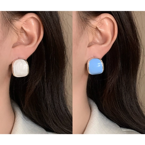 Geometric Enamel Stud Earrings Cushion Shaped Copper Plated Minimalist French Retro With 925 Sterling Silver Earring Post