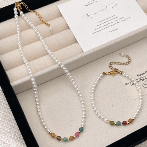 Collar Y Pulsera De Perlas Artificiales Y Piedras Naturales De Colores Hechos A Mano Joyas Elegantes Bañadas En Oro Para Mujeres