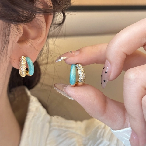 French Vintage Double Layer C Shaped Hoop Earrings With 925 Sterling Silver Earring Post Marble Enamel Copper Zircon Women