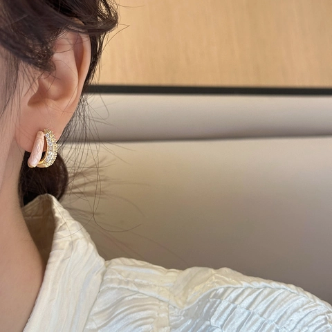 French Vintage Double Layer C Shaped Hoop Earrings With 925 Sterling Silver Earring Post Marble Enamel Copper Zircon Women