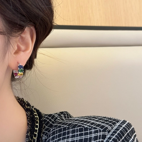 Colorful Zircon C Hoop Earrings Copper Gold Plated With 925 Sterling Silver Earring Post Fashion Jewelry For Women