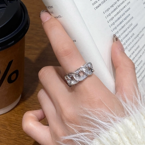 Cuban Link Chain Ring Copper With Zircon 18K Gold Plated Adjustable Open Geometric Hollow Vintage Jewelry For Women