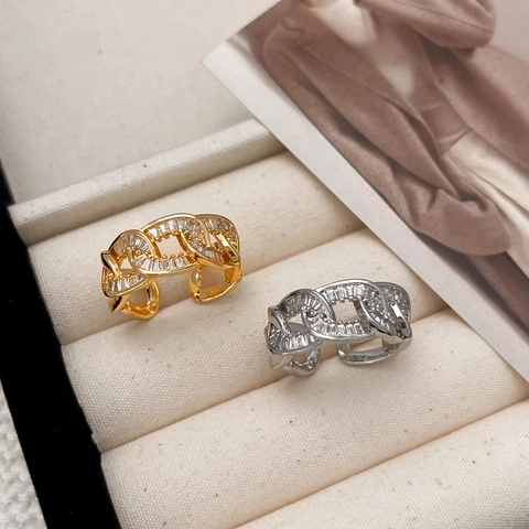 Cuban Link Chain Ring Copper With Zircon 18K Gold Plated Adjustable Open Geometric Hollow Vintage Jewelry For Women