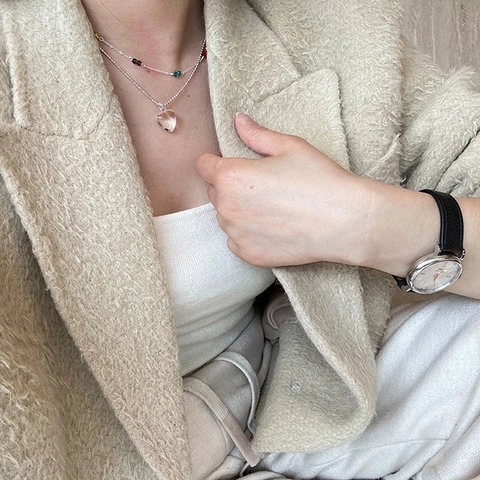 Halskette Im Koreanischen Stil Aus Kupfer Mit Herzanhänger Und Bunten Kristallperlen Mehrlagige Kugelkette Damen Modeschmuck