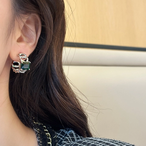 Vintage Square Emerald Green Zircon Earrings With 925 Sterling Silver Earring Post Retro Copper Link Jewelry For Women