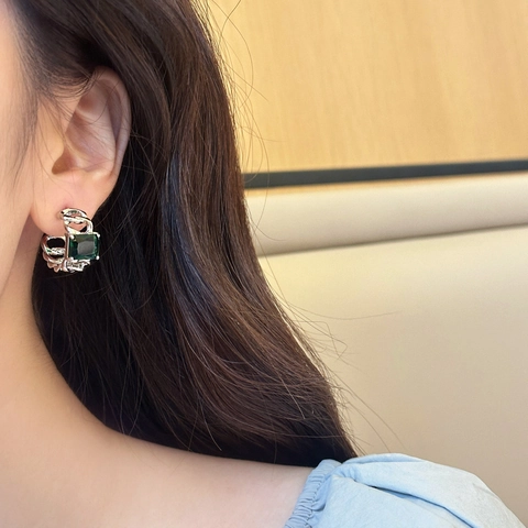 Vintage Square Emerald Green Zircon Earrings With 925 Sterling Silver Earring Post Retro Copper Link Jewelry For Women