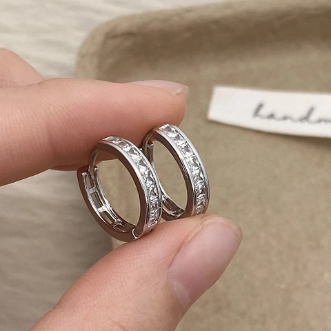Women Huggie Hoop Earrings Silver Color Copper With Square Cut Cubic Zirconia Row Inlaid Minimalist Korean Style Jewelry