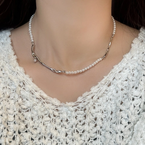 French Vintage Irregular Branch Artificial Pearl Splicing Necklace For Women Elegant Copper 14K Gold Plated Jewelry Gift