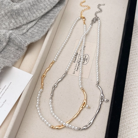 French Vintage Irregular Branch Artificial Pearl Splicing Necklace For Women Elegant Copper 14K Gold Plated Jewelry Gift