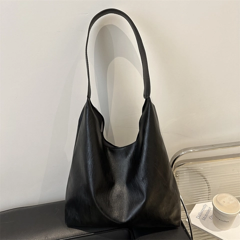 Large Capacity Solid Color PU Leather Tote Bag Women Minimalist Commuter Shoulder Bag Trendy Urban Casual Handbag