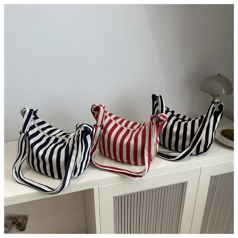 Dames Casual Gestreepte Canvas Hobo Schoudertas Vintage Dumpling Crossbodytas Met Verstelbare Riem Grote Capaciteit Tas