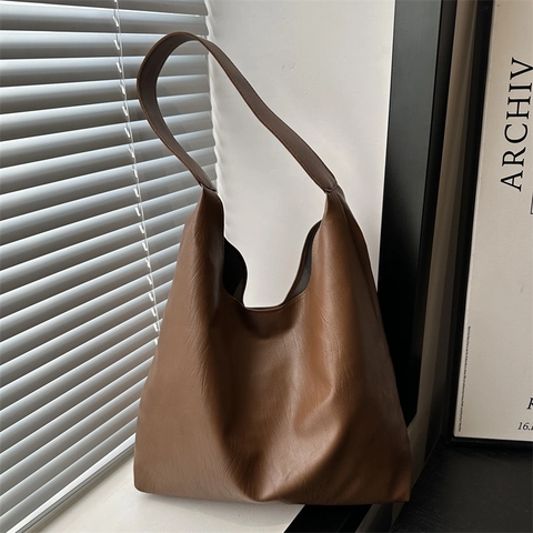 Women Large Capacity PU Leather Shoulder Bag Retro Solid Color Commuting Tote Bag Simple Hobo Handbag For Daily Work