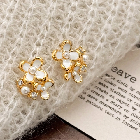 Orecchini A Lobo A Fiore Con Perla Artificial Sintetica Zircone Lega Smalto Floreale Dolce Gioielli Donna Perno Argento 925