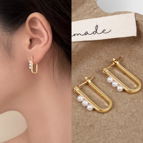 Boucles D'oreilles Künstliche Perles En Forme De U Créoles Géométriques En Cuivre Avec Tige En Argent Sterling 925 Style Niche Français Élégant