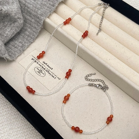 Collana E Bracciale In Agata Rossa E Perline Bianche Gioielli Di Perline Vintage Fatti A Mano Per Donne Regolabile