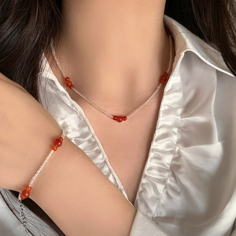 Collana E Bracciale In Agata Rossa E Perline Bianche Gioielli Di Perline Vintage Fatti A Mano Per Donne Regolabile