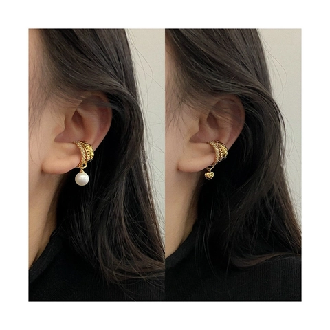 Layered Copper Ear Cuff Non-Pierced Heart Artificial Pearl Pendant Zircon Elegant French Style Ear Clip Jewelry For Women