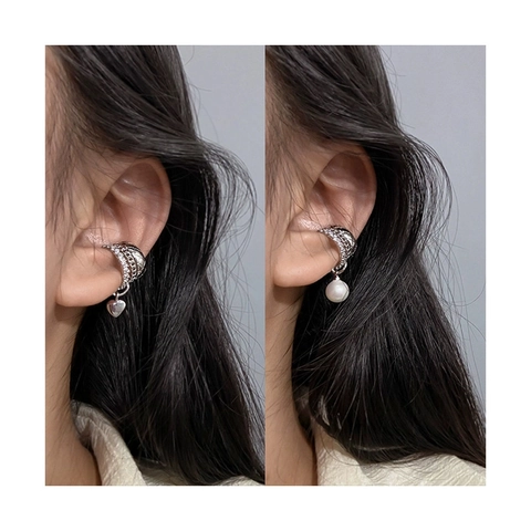 Layered Copper Ear Cuff Non-Pierced Heart Artificial Pearl Pendant Zircon Elegant French Style Ear Clip Jewelry For Women