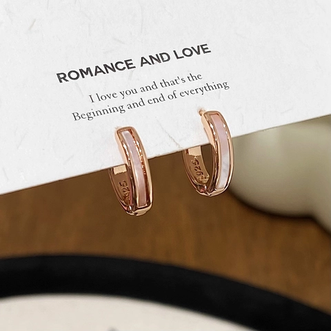 Minimalist Rose Gold Plated Hoop Earrings With Mother Of Artificial Pearl Shell Inlay Geometric Jewelry For Women