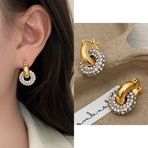 Geometric Round Interlocking Drop Earrings Copper Gold Plated Zircon With 925 Sterling Silver Earring Post For Women