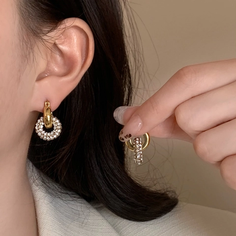 Geometric Round Interlocking Drop Earrings Copper Gold Plated Zircon With 925 Sterling Silver Earring Post For Women