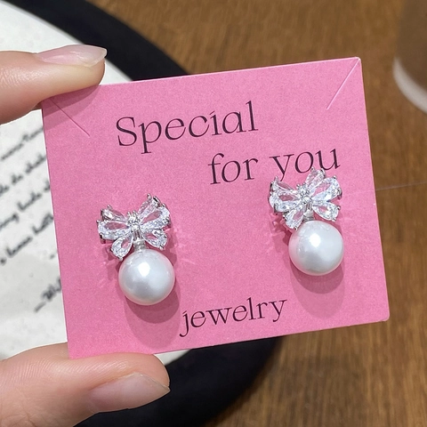 Bow Artificial Pearl Dangle Ear Studs Shiny Zircon Inlaid Copper Earrings Korean Sweet Elegant Fashion Jewelry For Women