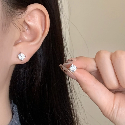 Stud Earrings Copper Round Brilliant Cut Zircon Four Prong Setting Minimalist Elegant For Women Shiny Small