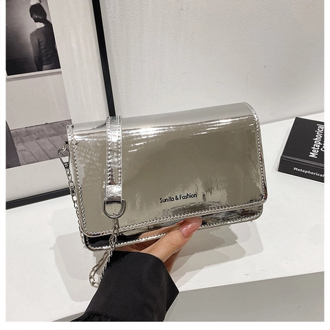 Chic Crossbody Bag Patent Leather Mirror Surface Metal Chain Strap Minimalist Small Square Shoulder Purse For Women